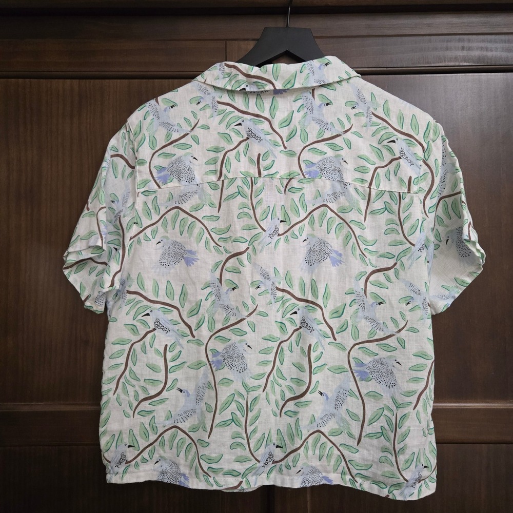 Cynthia Rowley Womens Blue Green Bird Print 100% Linen Camp Shirt Size M - Picture 3 of 8